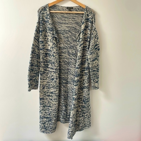 Massimo Dutti long knit cardigan open front Italian cotton yarn blue white sz M - Picture 1 of 11